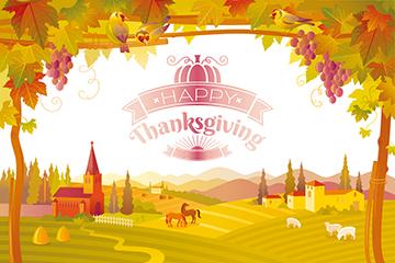 Happy Thanksgiving Background Farm Cartoon Animal Grape Tree Backdrops for Photography IBD-19639